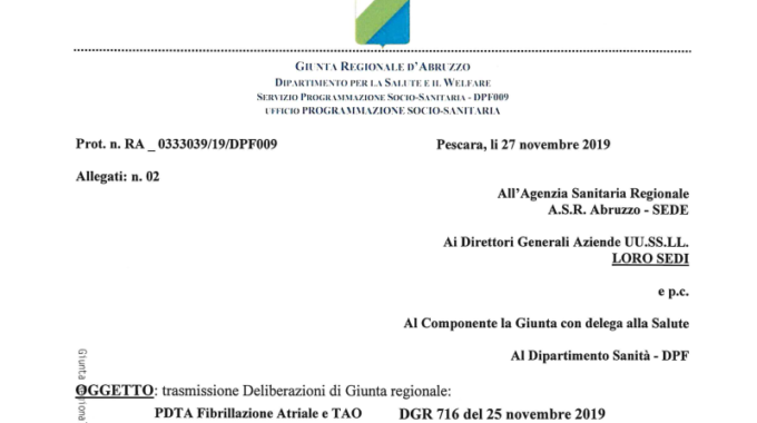 Deliberazioni Regione Abruzzo: PDTA Fibrillazione Atriale/TAO E PDTA Apnee Ostruttive Del Sonno