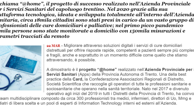 [QS] Cure Domiciliari. Nei Distretti Della Apss Di Trento, Con Il Digitale, Assistenza A “kilometro Zero”