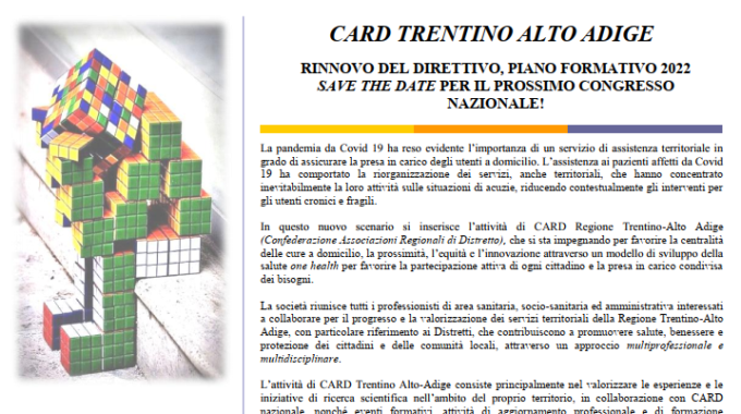 CARD Trentino Alto Adige: Rinnovo Del Direttivo, Piano Formativo 2022 Save The Date Per Il Prossimo Congresso Nazionale!
